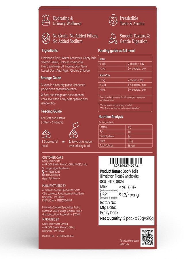 Goofy Tails Himalayan Trout & Anchovies Cat Food 210g (70g X 3Pouches) | Grain & Gluten Free | Preservative Free | High Protein | with Taurine, Omega 3 & Antioxidants | for Cats & Kittens - Image 2